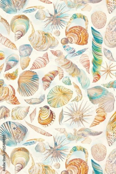 Obraz Seashells sea life pattern, multicolored, line seamless drawing, white background