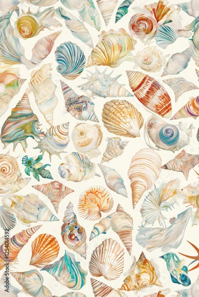 Obraz Seashells sea life pattern, multicolored, line seamless drawing, white background