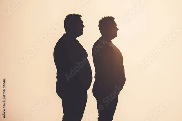 Fototapeta Silhouette of a persons weight loss transformation highlighted against a warm sunset background. Generative AI