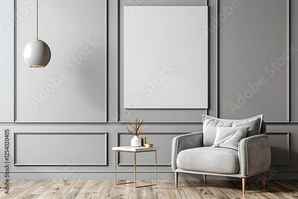 Fototapeta Minimalist gray living room with armchair, side table, hanging lamp, and blank wall. Modern and elegant design.