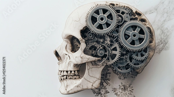 Obraz human brain profile with gears inside head. illustration of thinking mechanically like a robot in a linear thought system. isolated on white background