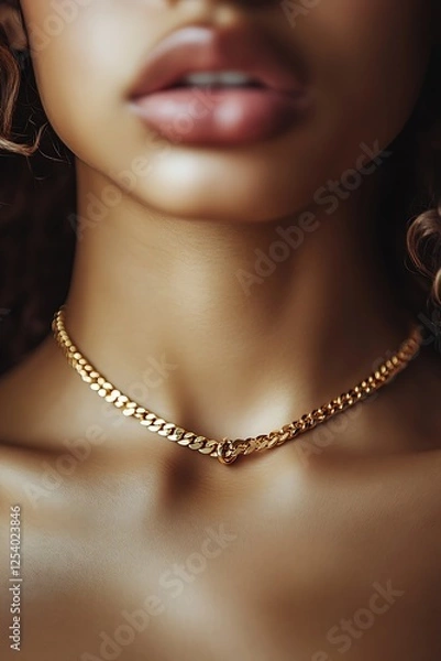 Obraz Stunning Close Up of a Woman Displaying a Beautiful Gold Chain Necklace with Glossy Lips : Generative AI