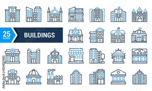 Fototapeta A set of 25 blue line icons depicting different types of buildings.