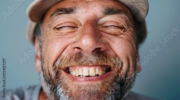 Fototapeta Joyful expression of a mature man with close-up of smiling face. National Humor Month