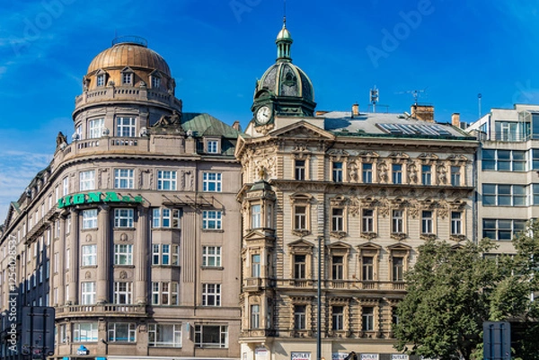Obraz Prague, Czechia. Ligna Palace Building and Stybl house Stybluv dum at Wenceslas Square.