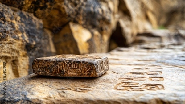 Fototapeta Ancient stone tablet with engravings on rocky surface
