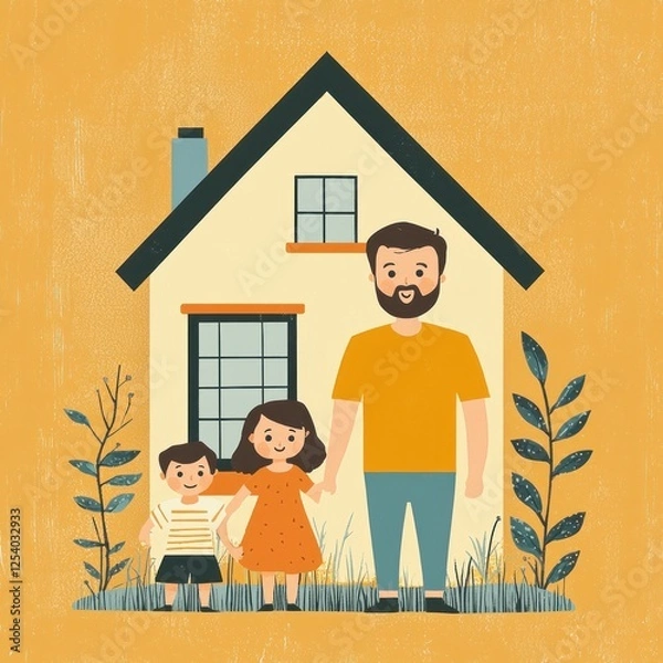 Fototapeta Minimalistic poster a family in front their new home, illustrated with geometric simplicity.