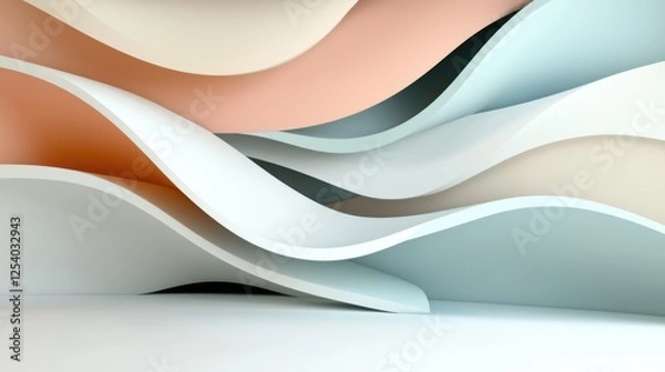 Fototapeta Abstract 3D minimalist background with floating organic shapes, trendy pastel color palette, smooth lighting and depth, futuristic yet elegant composition