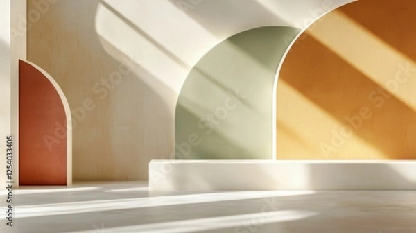 Fototapeta Minimalist background with geometric shapes, soft shadows, muted earthy tones, clean and modern aesthetic
