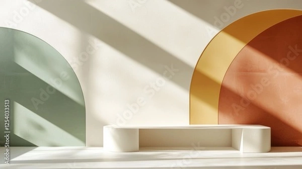 Fototapeta Minimalist background with geometric shapes, soft shadows, muted earthy tones, perfect symmetry, clean and modern aesthetic, negative space for text, high-resolution