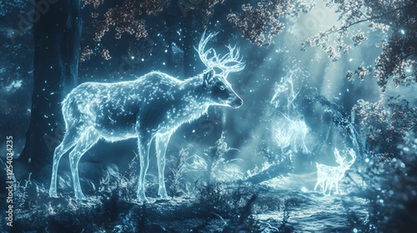 Fototapeta Forest ecosystem disruption causing animal suffering and death due to habitat loss climate change and human encroachment on natural environments. Holographic Wildlife. Illustration