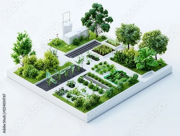 Fototapeta Minimalist 3D garden illustration featuring irrigation systems and plant beds