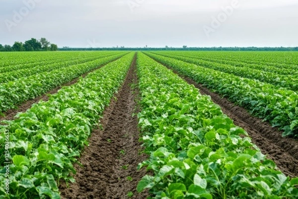 Fototapeta Neatly aligned rows of green crops stretch endlessly, embodying growth, agriculture, and the promise of harvest.