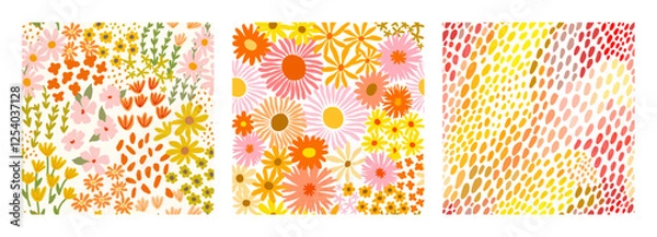 Obraz Set of seamless ditsy patterns with various wild meadow flowers. Сolourful cute floral summer backgrounds. Lovely design for wrapping, textile, cover, print, banner, greeting card, label, wallpaper.