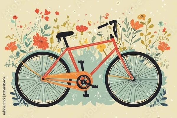 Fototapeta Vintage bicycles illustrated in geometric with floral accents in the background