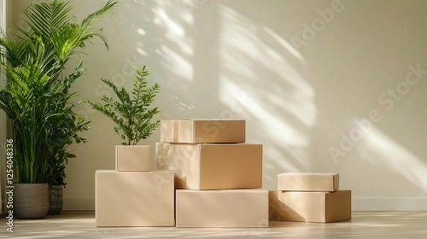 Fototapeta collection of neatly stacked cardboard boxes of various sizes sits in a contemporary room. In the background, a potted plant adds a touch of nature to the bright, sunlit space