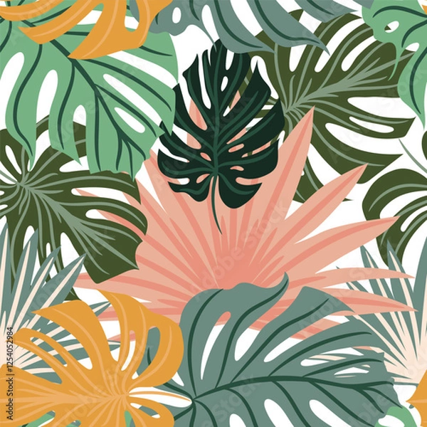 Fototapeta Hawaiian vector hand drawn seamless pattern with green and pink palm leaves