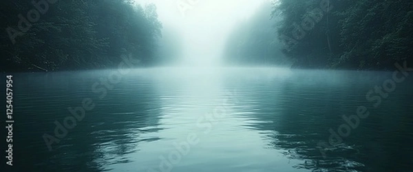 Fototapeta Misty river, forest banks, calm water, tranquil scene, nature background