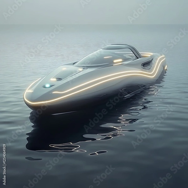 Fototapeta A sleek futuristic boat with smooth curves, glowing navigation lines, and a transparent canopy, gliding over calm, reflective water. 
