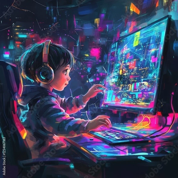 Fototapeta A boy is playing a video game on a computer