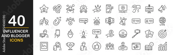 Fototapeta Influencer and blogger  icon set. Containing influencer, content, creation, vlogging, blog, vlogger, social media, video equipment, digital marketing and more. Vector illustration