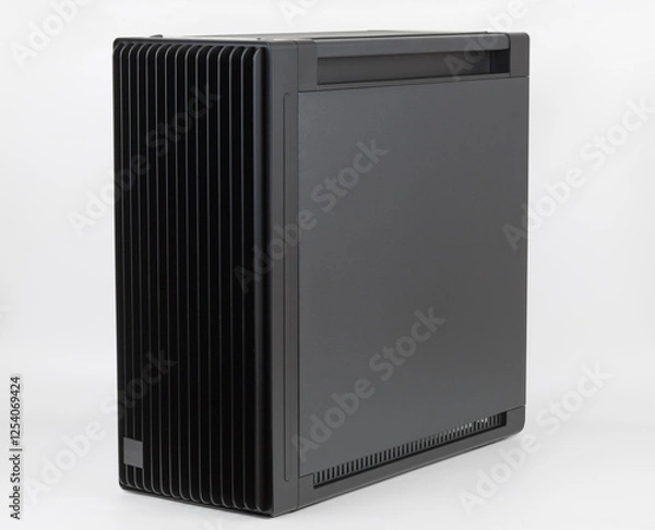 Fototapeta Side view of empty  big tower, PC case, chassis, 15.5 mm front panel grille with 45% porosity for maximum air intake. Studio shoot on white background.