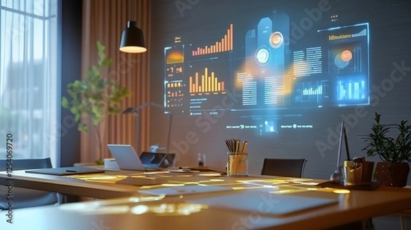 Fototapeta A smart workspace with projections that blend dynamic visualizations workflows and data analytics.