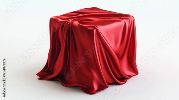 Fototapeta 3D rendering of an empty cube covered in elegant red silk, placed against an isolated white background. 