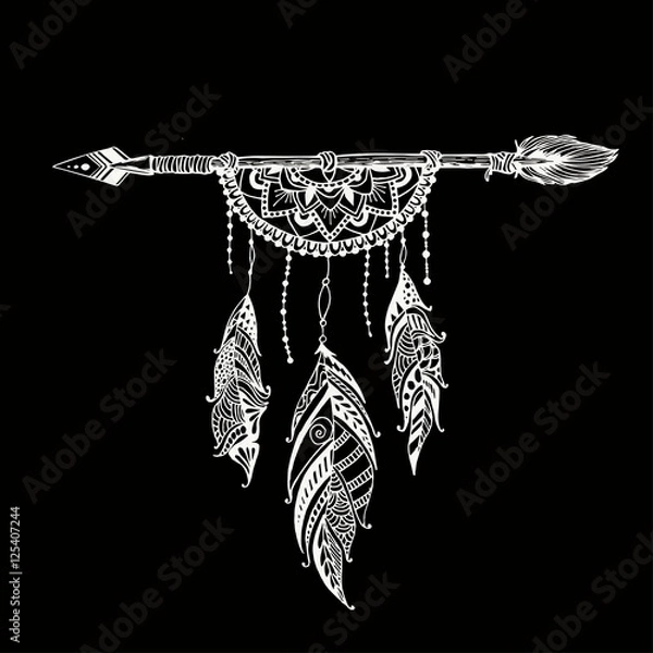 Fototapeta Dreamcatcher and arrow with feathers. Vector hand drawn illustration