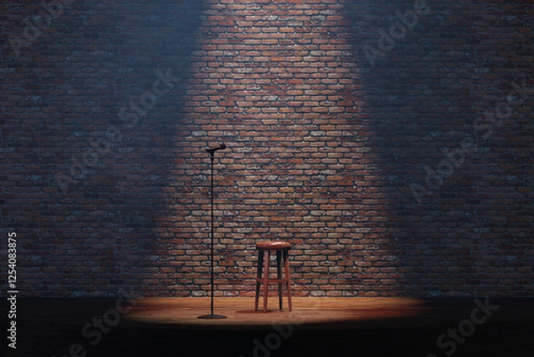 Fototapeta Empty stand-up stage with a microphone and bricks on background.