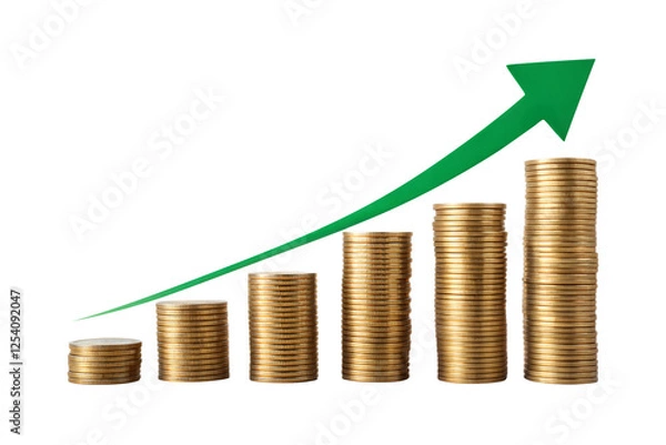 Fototapeta Declining Stack of Gold Coins with Red Downward Arrow Transparent Background