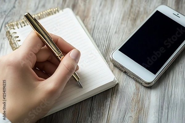 Fototapeta A hands journaling with a pen beside a smartphone, emphasizing mindful reflection and reduced screen time