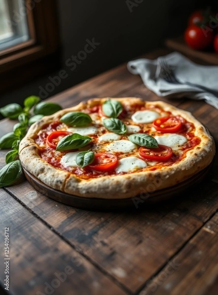 Fototapeta Fresh Margherita Pizza with Mozzarella Cheese and Basil on Rustic Wood