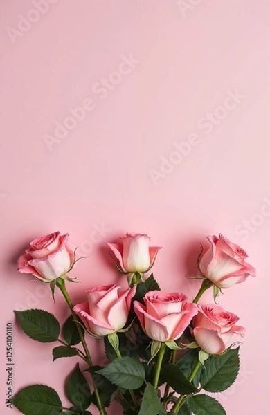Fototapeta Top view of pink roses bouquet on pink background. Floral minimal composition with blank copy space for holiday, celebration, greeting card design or romantic postcard.