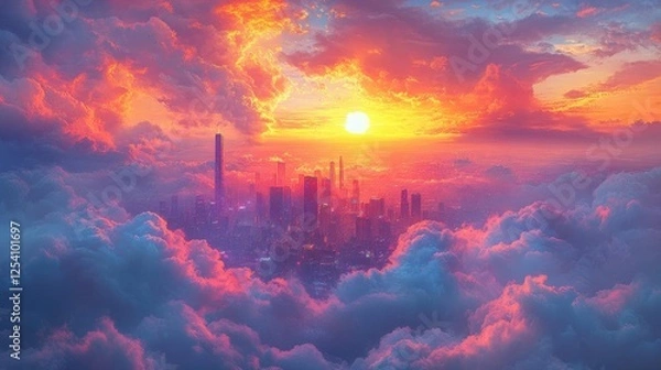 Fototapeta A vibrant sunset over a futuristic cityscape nestled among colorful clouds.