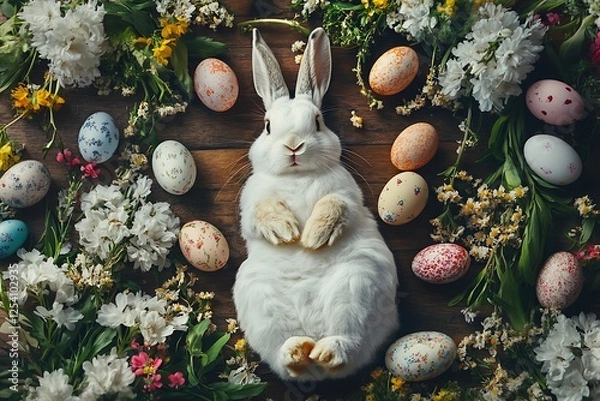 Fototapeta Top view of Easter Bunny surrounded by eggs and spring flowers