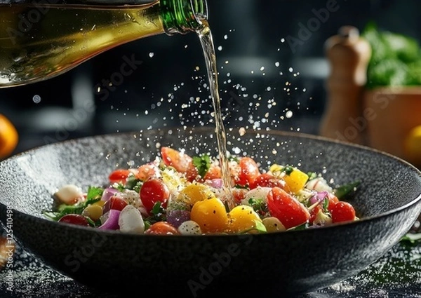 Fototapeta Champagne vinegar poured over a tasty-looking salad with vibrant color