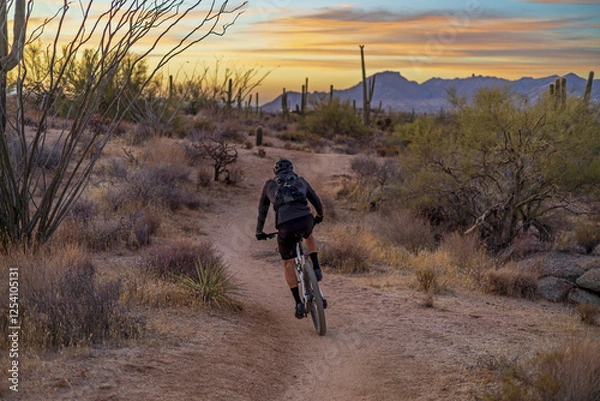 Fototapeta Man Riding Mountain Bike On Desert Trail In Arizona Right Before Sunrise 