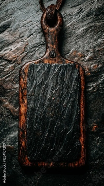Fototapeta   A wooden cutting board rests atop a dark rock slab, with a wooden handle on top