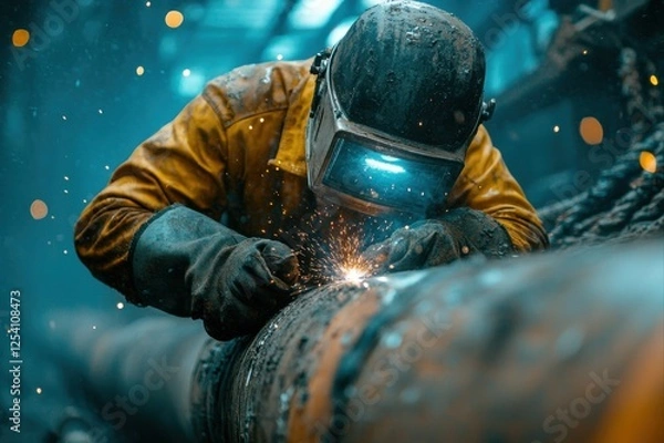 Fototapeta Welding worker performing precision repairs industrial workshop action photography dim environment close-up perspective