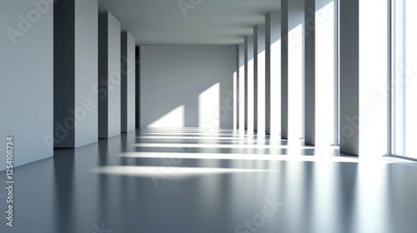 Fototapeta Bright interior space features large windows allowing sunlight to pour in while casting sharp shadows on the polished floor. The room appears spacious and minimalistic