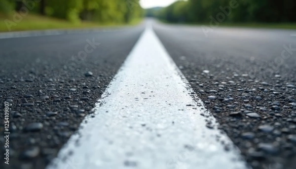 Fototapeta Detailed asphalt road with white thermoplastic marking. Fresh paint, safety line on highway. Newly applied street surface with a clean, smooth texture for infrastructure projects.