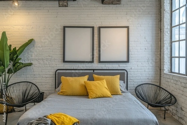 Obraz Loft bedroom, gray bed, yellow pillows, mockup frames, industrial window