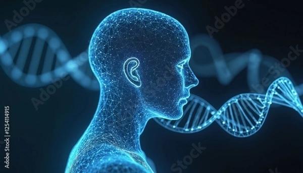 Fototapeta Digital rendering of human figure intertwined with glowing DNA strand. Human code, science, tech concept. Genetic biology research, innovation, discovery, evolution and life connection.