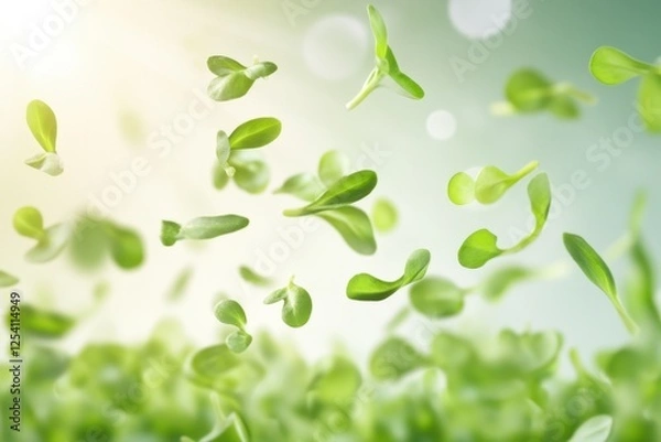 Fototapeta Floating Green Leaves Against Soft Background with Gentle Sunlight