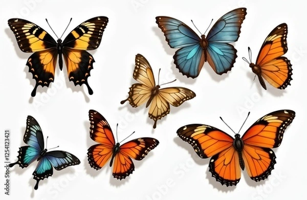 Fototapeta Set of vintage illustration of different butterfly species. Colorful butterflies fly. Detailed drawing graphic retro collection fly with visual moth spring design.