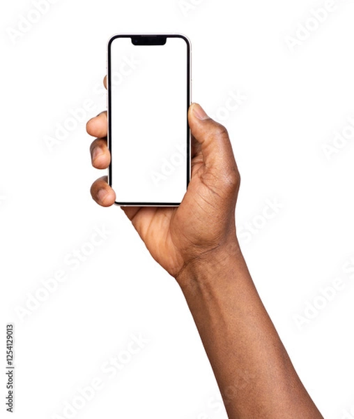 Fototapeta Man using smart phone with blank screen isolated on transparent or white background