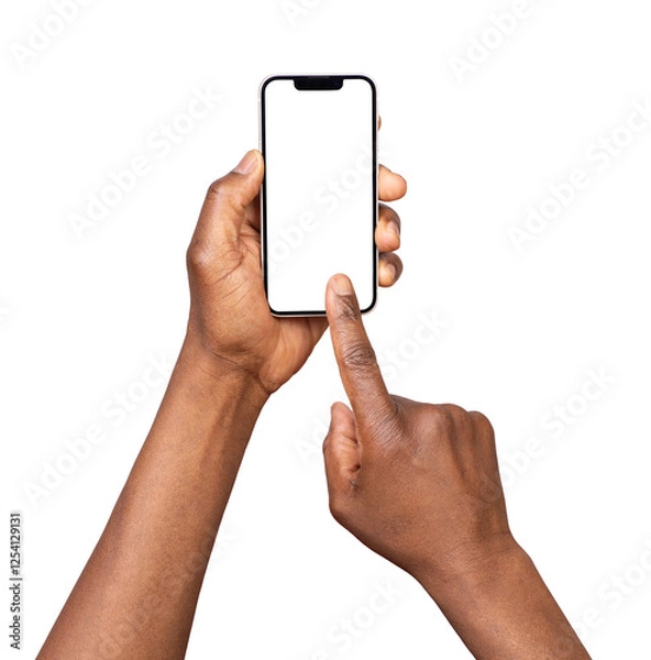 Fototapeta Man using smart phone with blank screen isolated on transparent or white background	