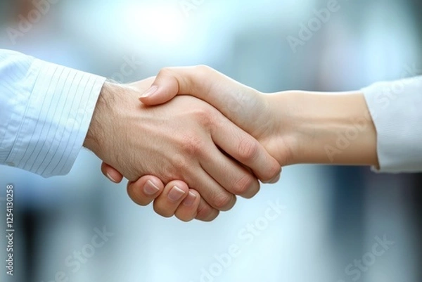 Fototapeta A closeup shows two hands shaking in agreement