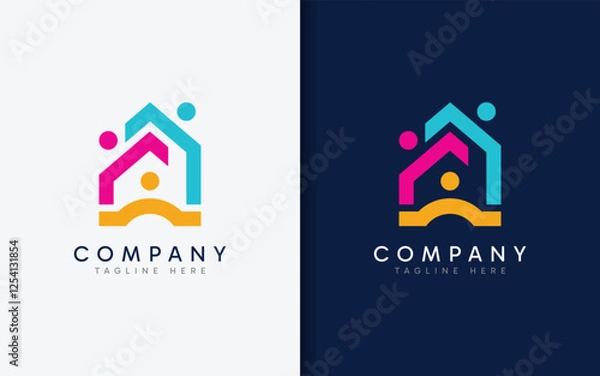 Obraz Minimalist House with a Combination of People's Shapes. Flat Colorful Minimalist Vector Logo Icon Illustration.